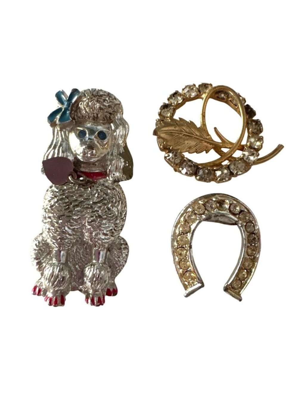 Vintage Silver Gold Tone Brooch Lot Poodle Leaf Wreath Rhinestone Horseshoe Pins